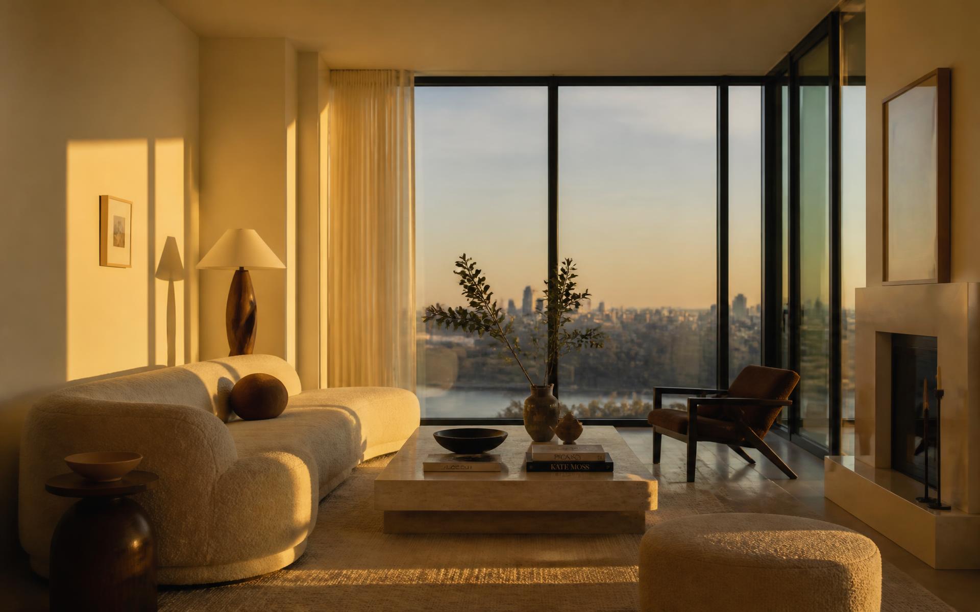 Luxury living room designed by Franova with warm ivory tones and golden hour light